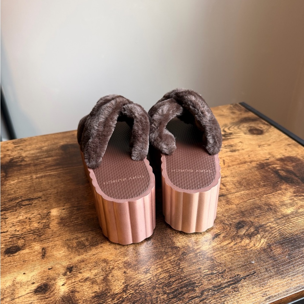 Rose Gold Tory Burch Platform Sandal with Brown Faux Fur - Picture 6 of 7